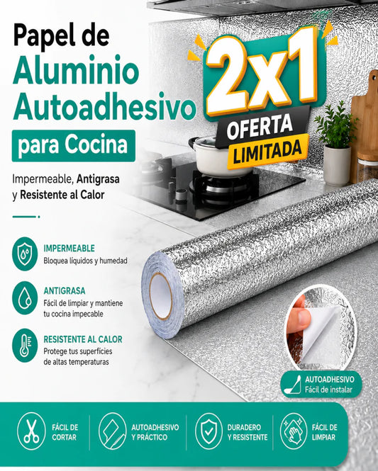 Papel de Aluminio Autoadhesivo para Cocina | Impermeable, Antigrasa y Resistente al Calor